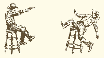 Cowboys duel on stools shooting pistols with wild west old west shooting confrontation illustration engraving monochrome character conflict violence adventure historical outdoors © bbilfunk