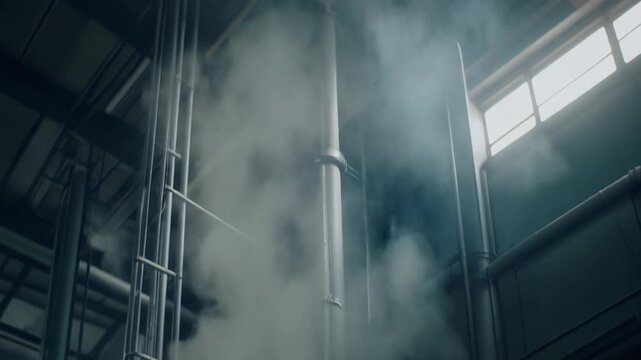 Industrial Smoke and Pipes Fill a Dim Factory Interior.