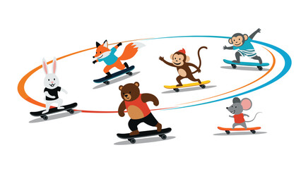 Fototapeta premium Group of cute animals including a bear, fox, and monkeys riding skateboards in a circle on a plain white background.