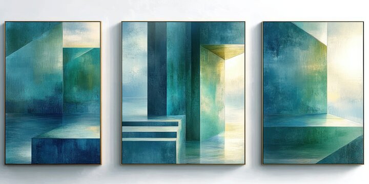 Three framed abstract geometric paintings with teal and green architectural blocks on a white wall, serene and contemplative modern minimalist triptych