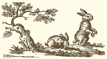 Obraz premium Vintage illustration of rabbits in a meadow under a tree with wildlife illustration adorable outdoors countryside rabbitry standing ornament engraving botanical creatures whimsical