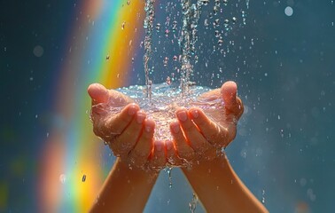 Obraz premium Cupped hands catching flowing water beneath a vibrant rainbow, sparkling droplets and sunlight conveying wonder and renewal