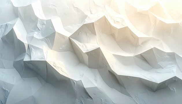 Sfondo astratto geometrico con texture poligonale e sfumature di bianco e grigio, illuminato da una luce calda.