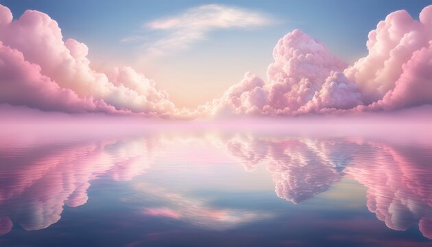 Paesaggio onirico con nuvole rosa e viola riflesse in acque calme, creando un'atmosfera serena e incantata all'alba.
