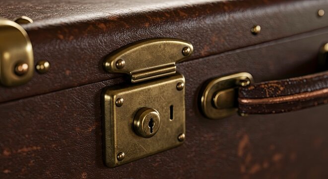Vintage leather suitcase lock closeup.