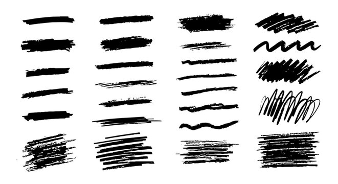 hand drawn brush strokes ink texture grunge effect marker lines versatile black design elements.