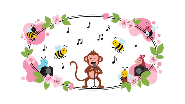 Happy monkey sings into a microphone surrounded by cheerful bees and musical notes inside a beautiful pink floral decorative frame.