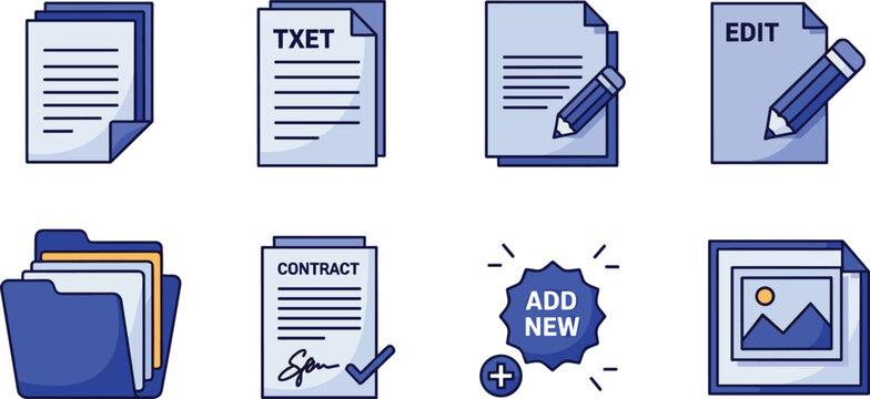 Document file icons vector set with text edit contract folder image add new office collection