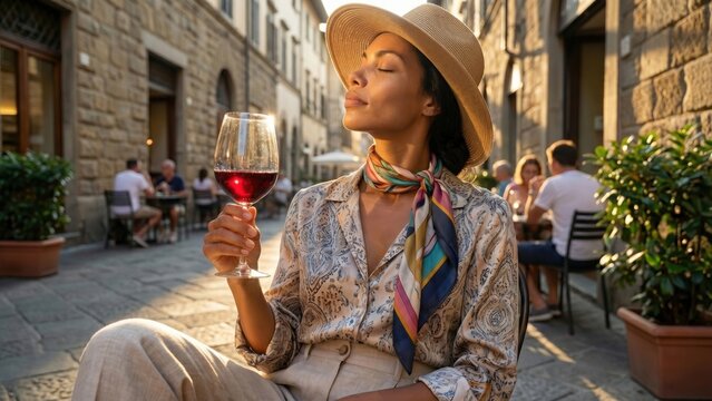 Woman holding wine glass. Joyful summer leisure. Relaxed mood.