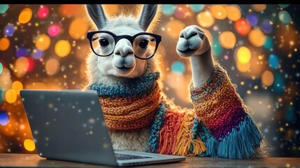 Fototapeta premium cheerful llama wearing glasses and a colorful knitted scarf raises a hoof beside a laptop against warm festive bokeh lights