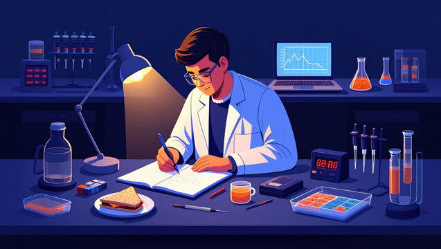 Late Night Laboratory Researcher Working Alone, PhD Student Experiment Scene