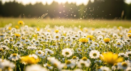 A field of daisies with a sunflower in the background, illuminated by sunlight. © Veayo