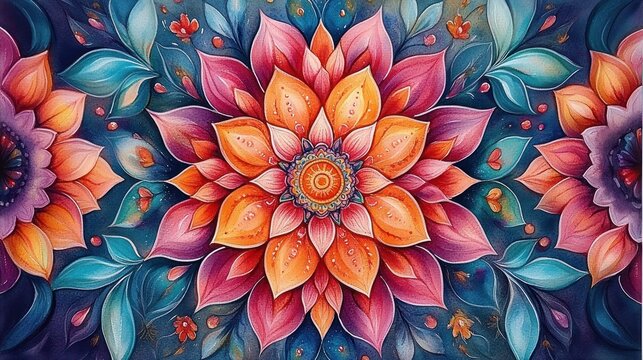 vibrant symmetrical floral mandala with layered orange and pink petals, teal leaves, ornate center and dew droplets, radiant harmonious decorative botanical pattern