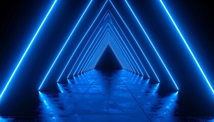 Fototapeta premium A dark corridor with blue neon lights forming triangular shapes