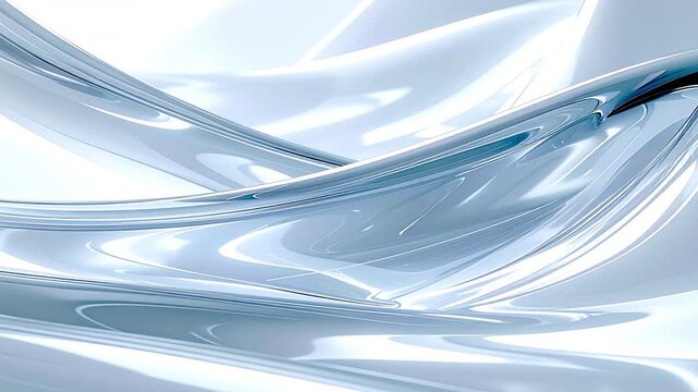 Landscape 4K abstract silver background with flowing liquid metal and glossy curves.