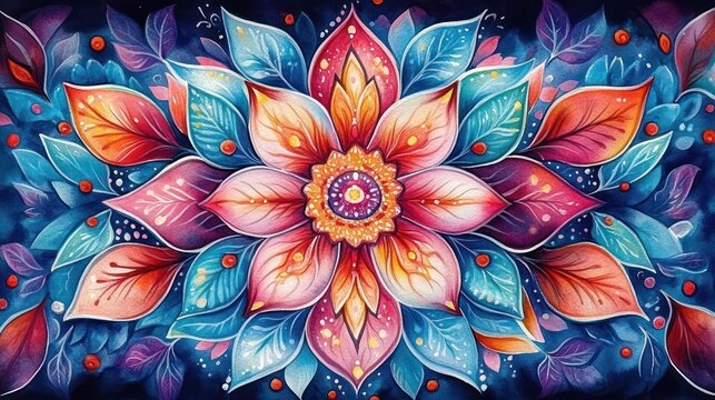 Vibrant symmetrical floral mandala with layered pink, orange and blue petals, decorative leaves and glowing dots radiating joyful, serene energy