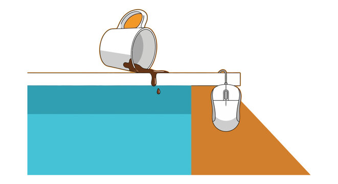 spilled coffee from a coffee mug creates a liquid spill and a desk accident next to a computer mouse illustrating a common workplace mishap.