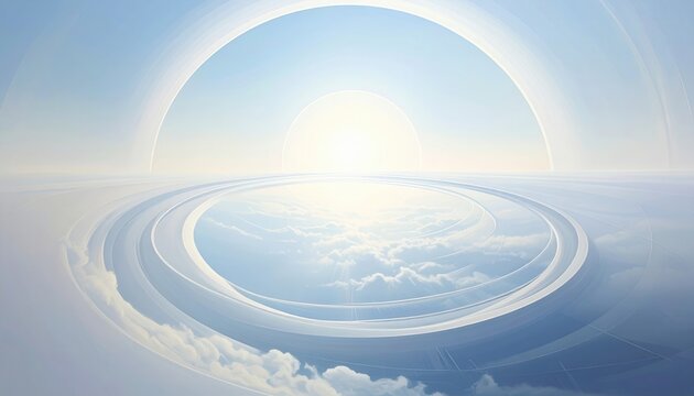 Un'immagine eterea e futuristica di un orizzonte celeste con un sole radioso e riflessi circolari, evocando pace e speranza.