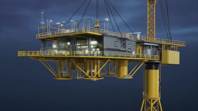 Nighttime offshore platform construction with crane lifting modules.