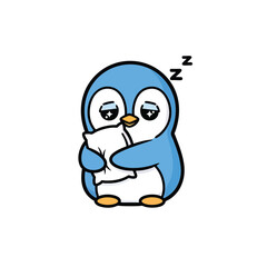 Obraz premium Cute little penguin sleeping with a pillow, winter animal character.