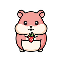 Fototapeta premium Chubby hamster holding a strawberry, cute small rodent pet.