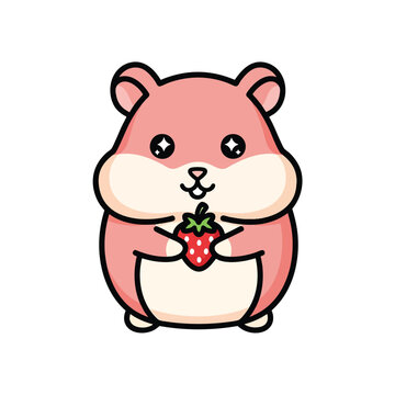 Chubby hamster holding a strawberry, cute small rodent pet.