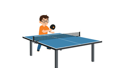 Fototapeta premium Young boy with glasses playing table tennis at a blue table in a sports hall or gymnasium isolated on a white background.