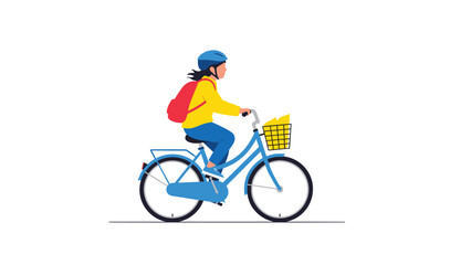 Fototapeta premium Young student with a red backpack riding a blue bicycle with a basket against a simple white background for daily school commute.