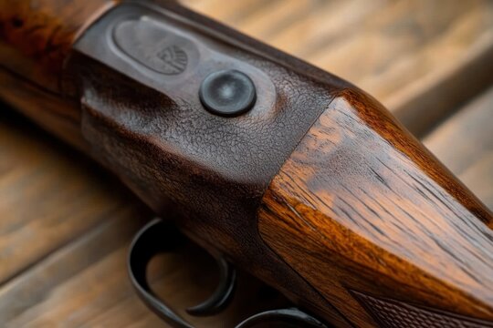 close-up of polished wooden rifle stock, metal trigger and trigger guard resting on a worn wooden surface, warm tones evoking quiet anticipation