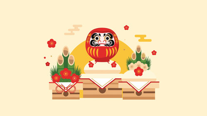 Fototapeta premium Traditional Japanese New Year decoration featuring a red Daruma doll, kadomatsu bamboo arrangements, and mochi on a warm yellow background.