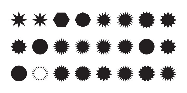Sunburst burst stickers and black geometric shapes for promotional badges in minimalist graphic design kit.