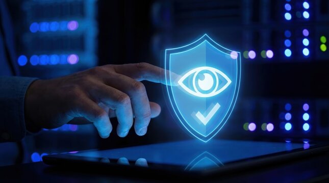 cybersecurity, data protection, digital privacy, network security, eye monitoring, shield icon, cloud computing specialist using tablet for secure data management in a server room