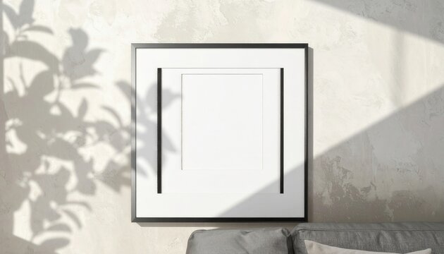 Cornice quadrata nera con passepartout bianco su parete testurizzata, illuminata da luce naturale e ombre di piante, ideale per mockup di design.
