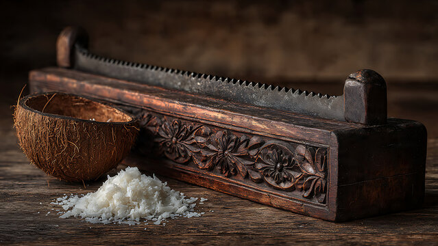 Antique Wooden Coconut Grater - Traditional Malay Kukur Kelapa with Carved Details