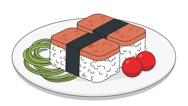 Plate of spam musubi showing two pieces of rice topped with grilled meat and wrapped in seaweed with cucumber and cherry tomatoes.