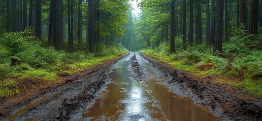 Fototapeta premium Muddy forest road with deep puddles reflecting light between tall pine trees, misty tranquil atmosphere and quiet solitude in a wet green woodland