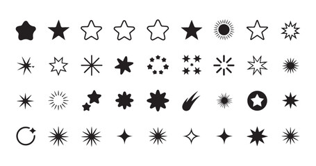 Set of diverse star shapes and celestial elements like sun and comet, modern graphic icons. © Labib