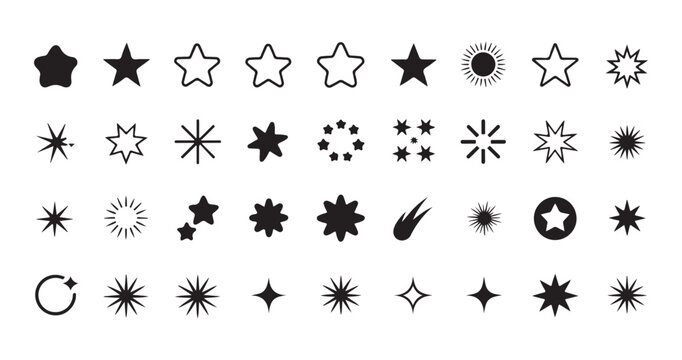 Set of diverse star shapes and celestial elements like sun and comet, modern graphic icons.
