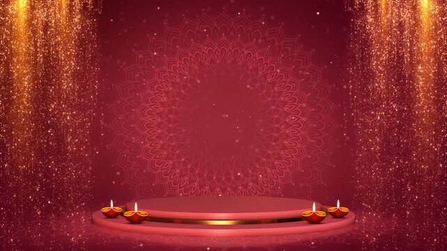 Elegant red festive podium diyas, golden glitter curtains, intricate mandala backdrop luxurious celebration scene. Diwali promos, cultural greetings, festival intros, spiritual videos, event visuals.