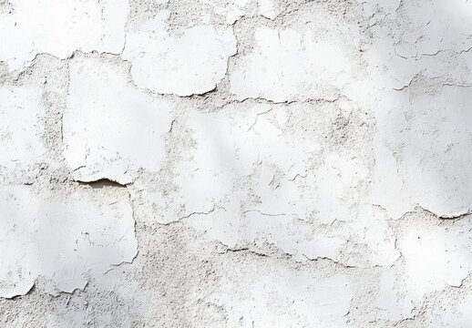 peeling white paint on cracked plaster wall with rough textured surface and soft shadows, aged and weathered appearance