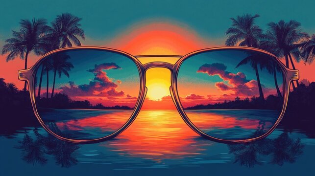 sunglasses reflecting a vibrant tropical sunset over palm trees and calm ocean, creating a serene nostalgic summer mood