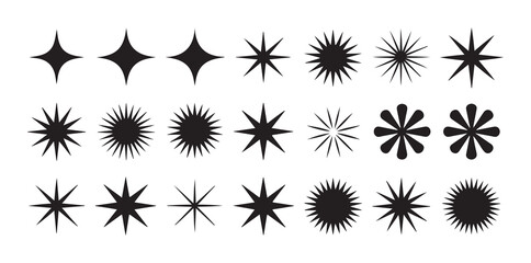 Sparkle and twinkle star icons collection for magic decorations or festive visual backgrounds in black color. © Labib