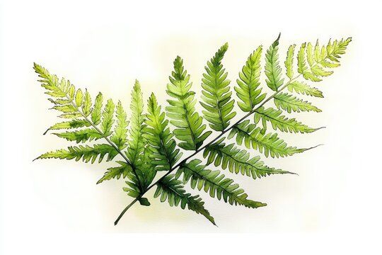 watercolor botanical illustration of a green fern frond on white background, fresh and serene
