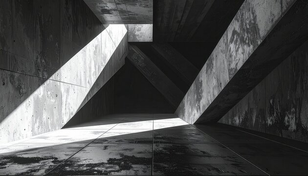 Interno moderno in cemento con forti contrasti di luce e ombra, forme geometriche astratte.