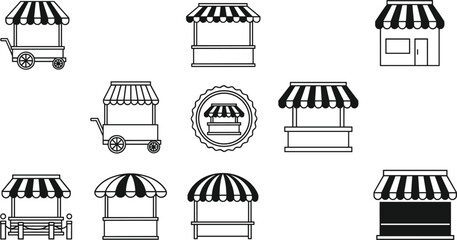 Market stall icons vector set with street shop kiosks vendor stands retail booth awning storefront collection © Bahadur