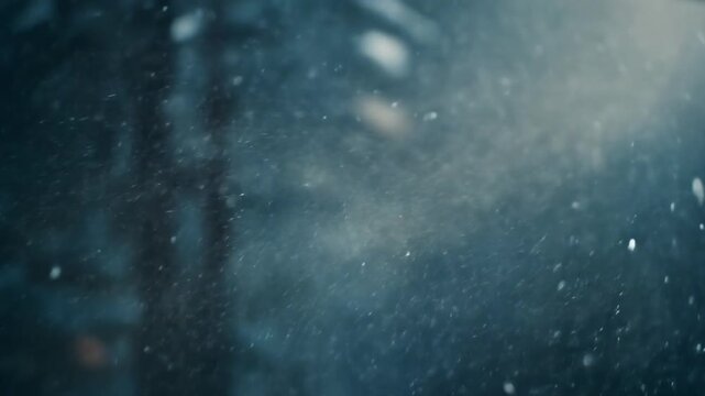 Snowy forest in silent drifting winter twilight scene.