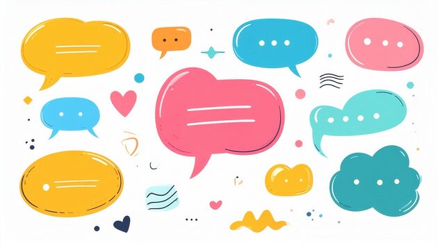 Una collezione vivace di nuvolette di dialogo e pensiero disegnate a mano, perfette per concetti di comunicazione digitale e social media.