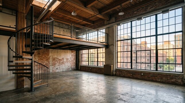 Spacious urban loft with large windows, mezzanine and authentic industrial design