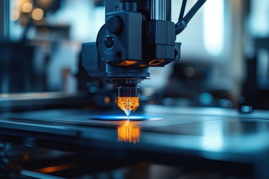 close-up of a 3d printer nozzle depositing a glowing molten bead onto a reflective build plate under cool blue ambient light, evoking focused precision and futuristic anticipation