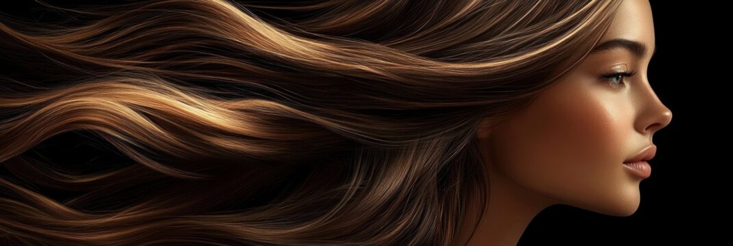 Serene young woman in profile with long flowing highlighted brown hair swept back on a dark background, calm and confident expression